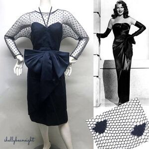 Vintage 80s does 40s VICTOR COSTA Mesh Lace Overlay BOW Dress 4 6 S